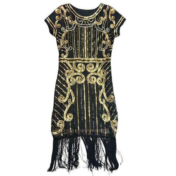 Black & Gold 1920s Sequined Flapper Dress – Size L (New Without Tags) - Picture 10 of 13
